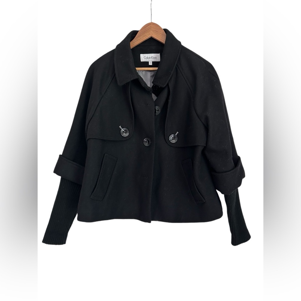 Women’s Calvin Klein Black Wool Pea Coat  Oversized Buttons Size 8